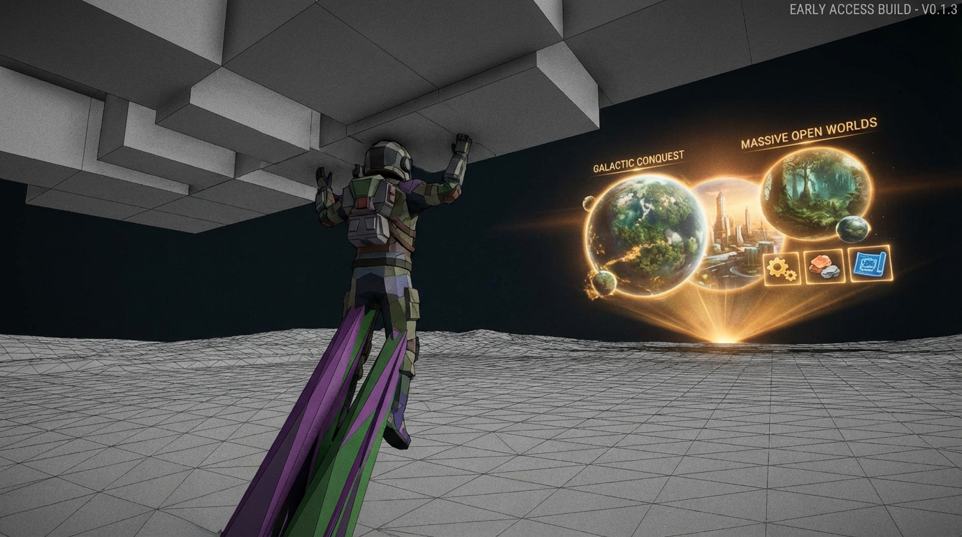 Sci-fi explorer frozen mid-air, glitching through ceiling in broken early access graybox level with holographic sky.