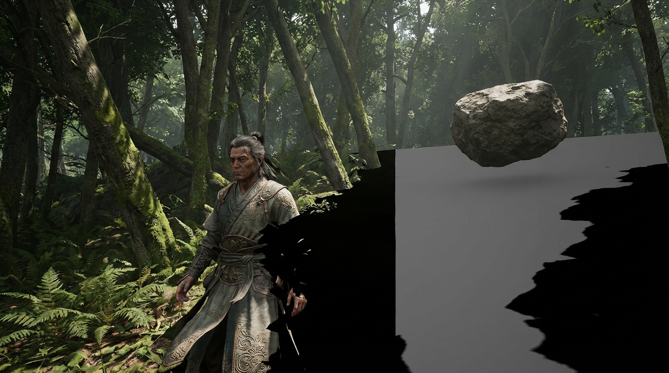 Hyper-realistic game character in shiny outfit navigates glitchy forest of high-fidelity trees, bug-testing code.