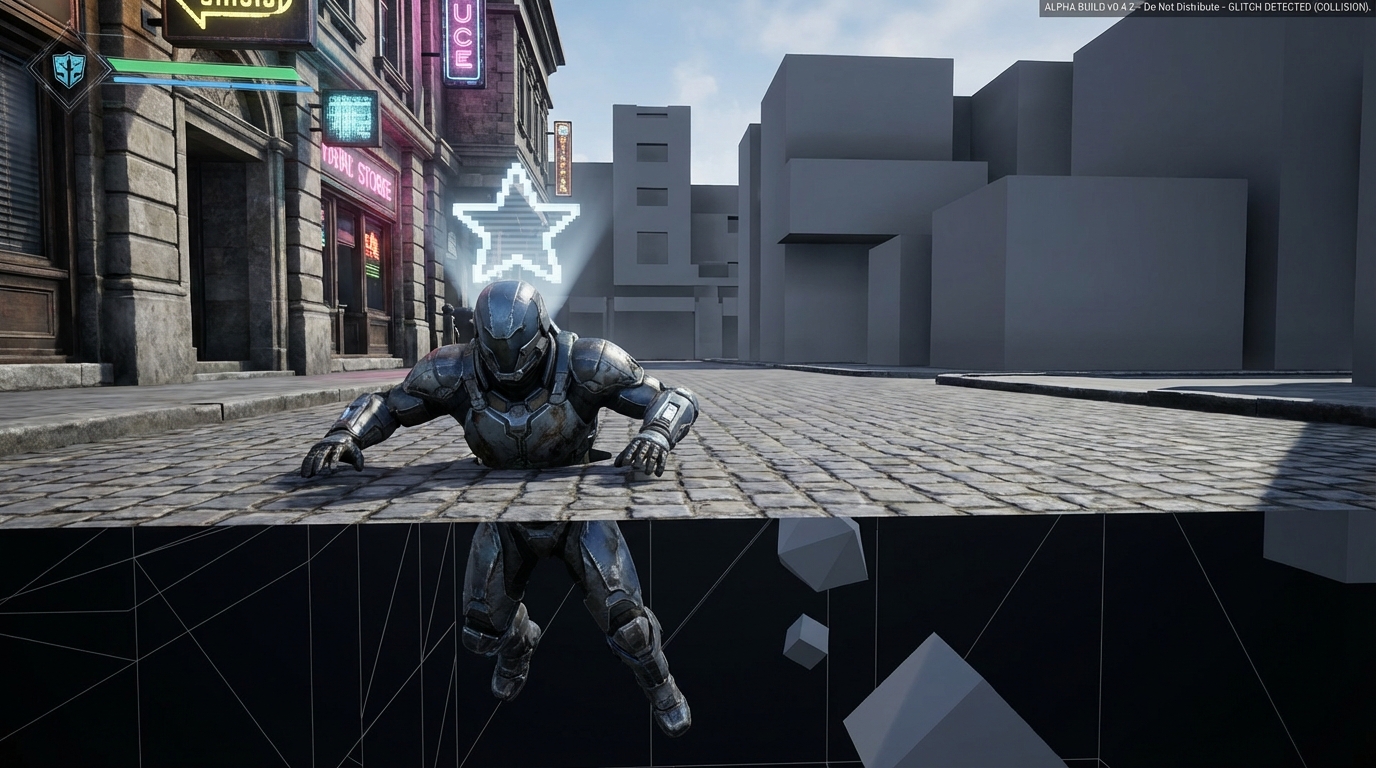 AAA hero stuck waist-deep in cobblestone street glitch, upper body idle, legs dangling into void.