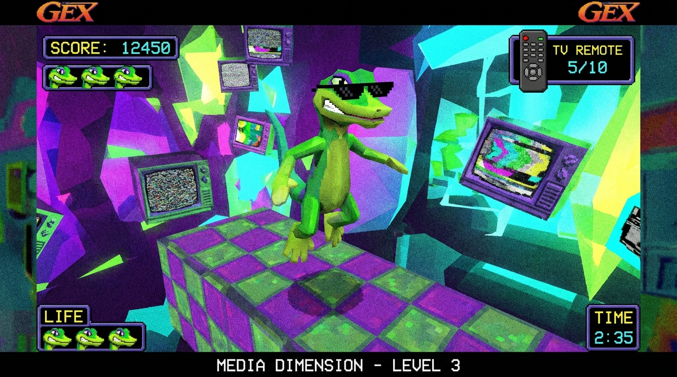 Gex the gecko in sunglasses jumps over 3D platforms in a neon retro game world with pixelated textures and TV monitors.