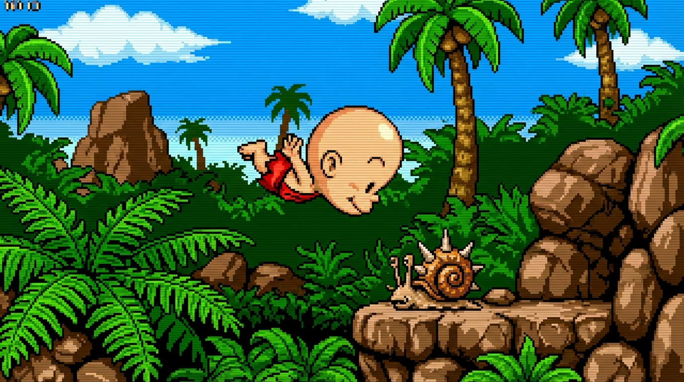 Bonk, a bald cavebaby, dive-bombs a prehistoric snail with his head in a 16-bit jungle on TurboGrafx-16.