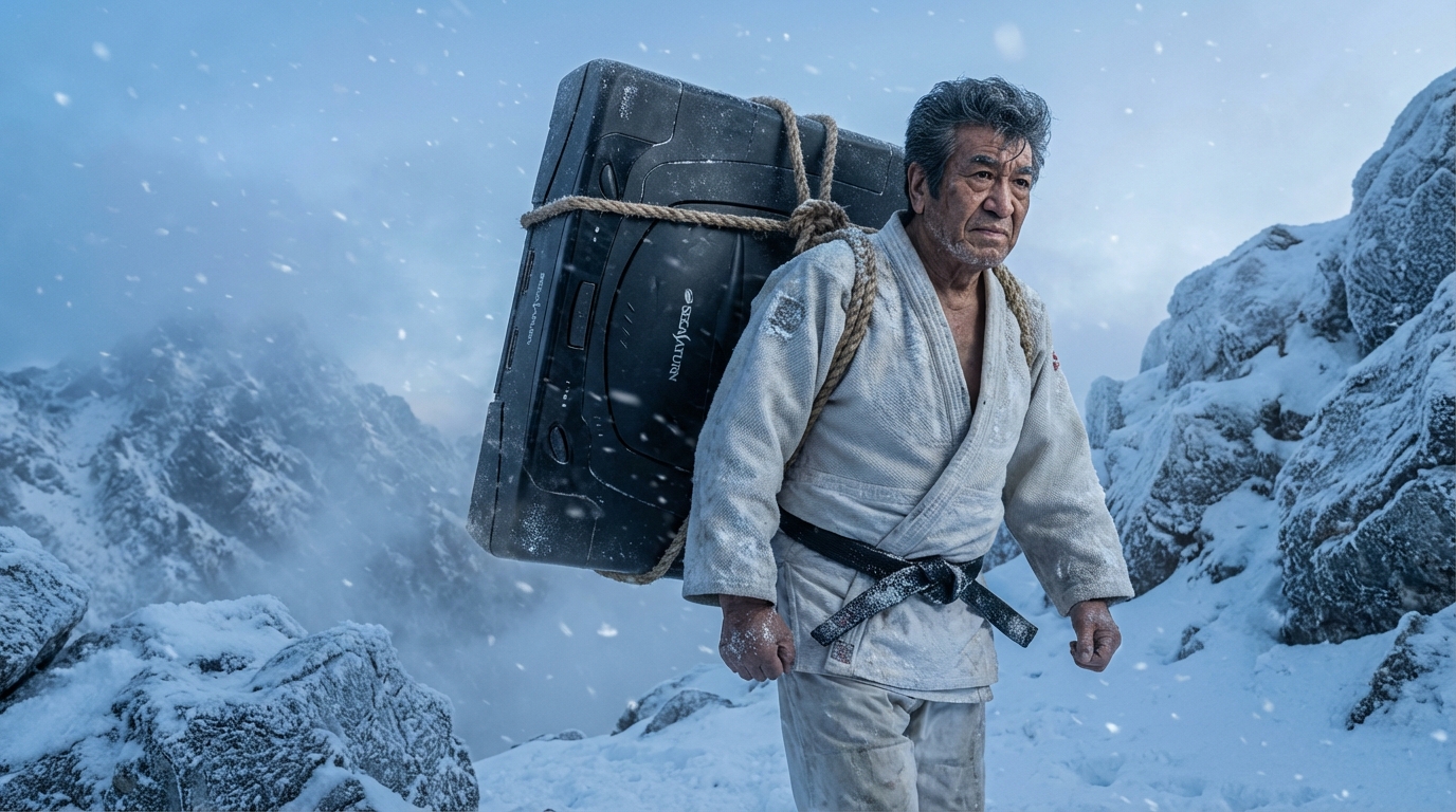 Segata Sanshiro in a white gi treks through snowy mountains at dawn with a giant Sega Saturn strapped to his back.