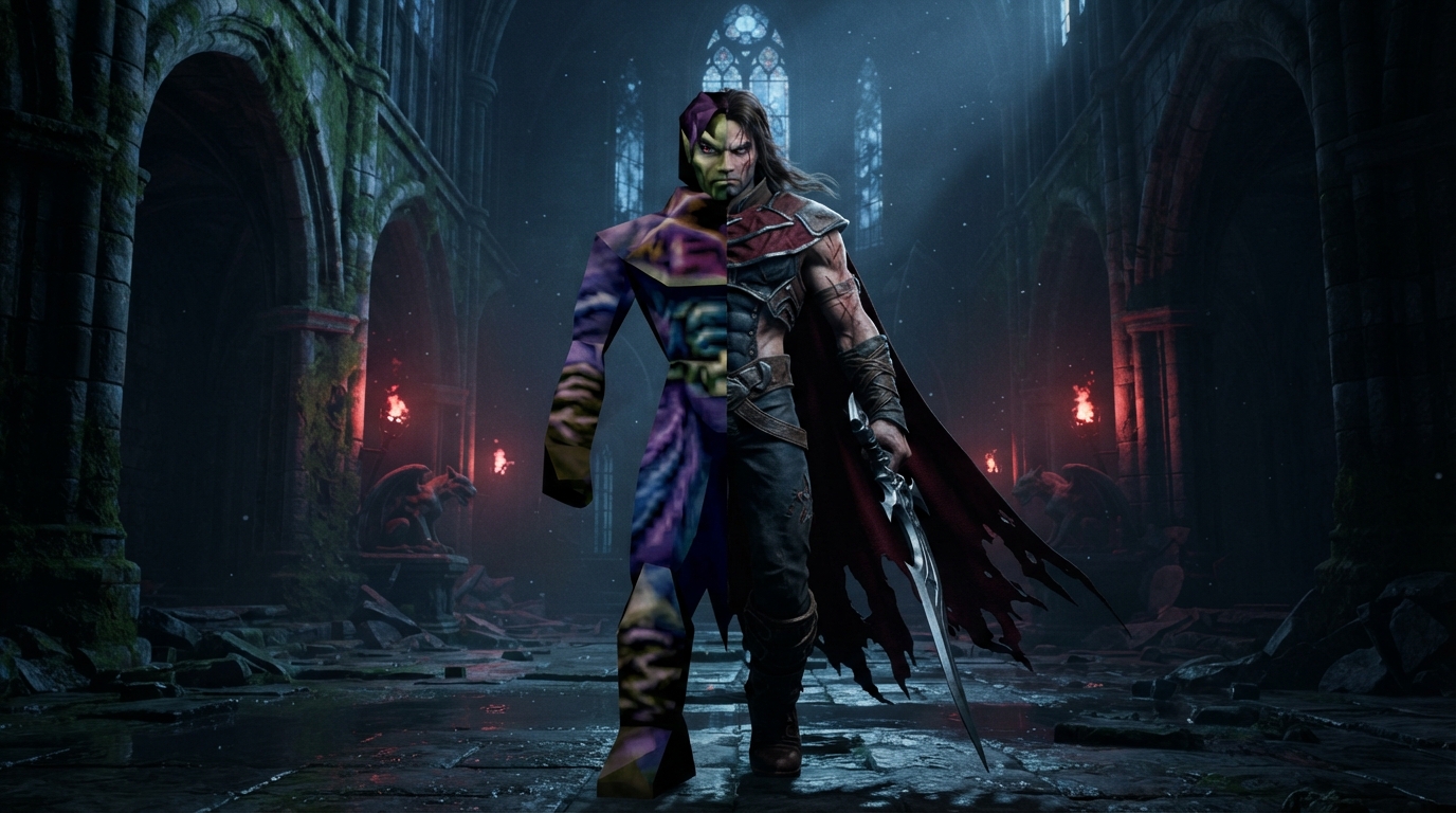 A vampire blends faceted low-poly geometry with a detailed HD form in one pose against a shadowy gothic stone setting.