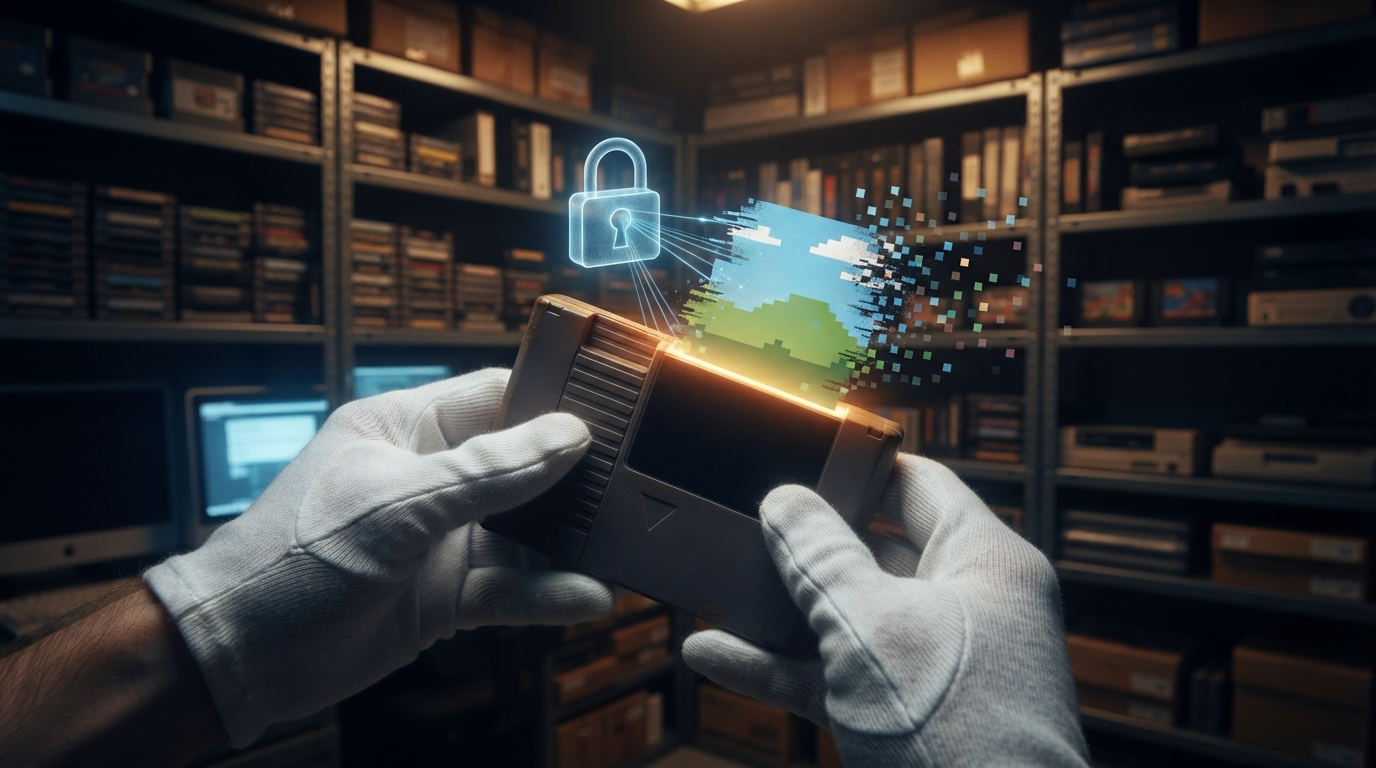 Cotton-gloved hands cradle a glowing game cartridge as its pixel world dissolves behind a digital padlock.