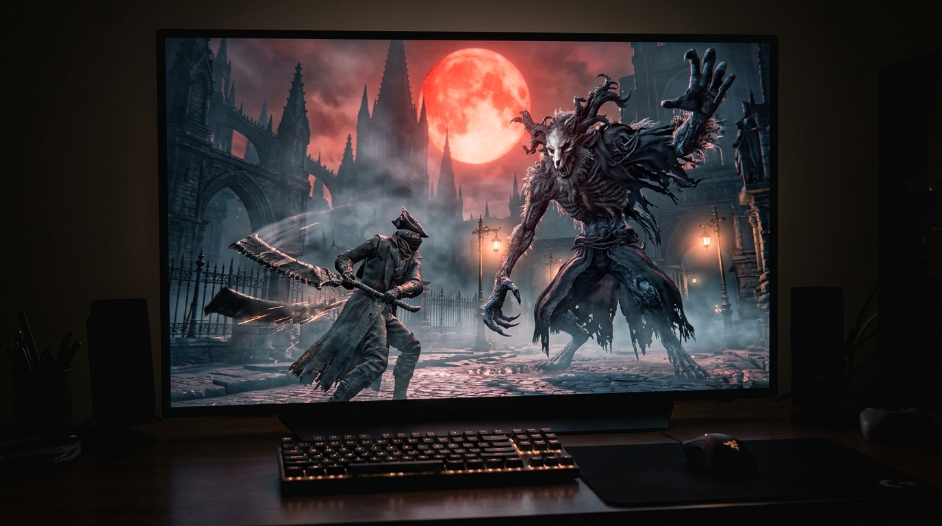 Hunter in tricorn hat swings a Saw Cleaver at a hulking Cleric Beast under a blood-red moon in Bloodborne's Cathedral Ward.