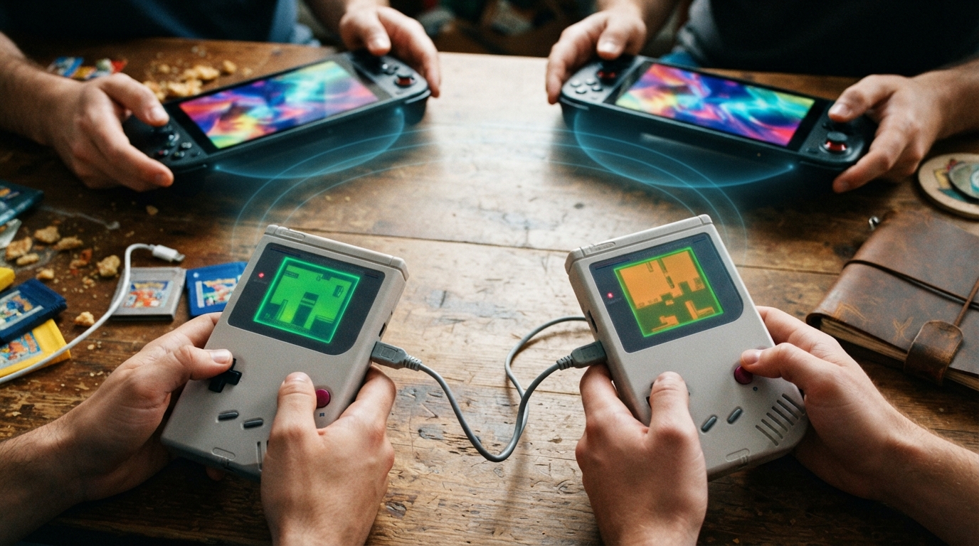 Two classic Game Boys linked by cable lead to modern handhelds connected wirelessly across one tabletop.