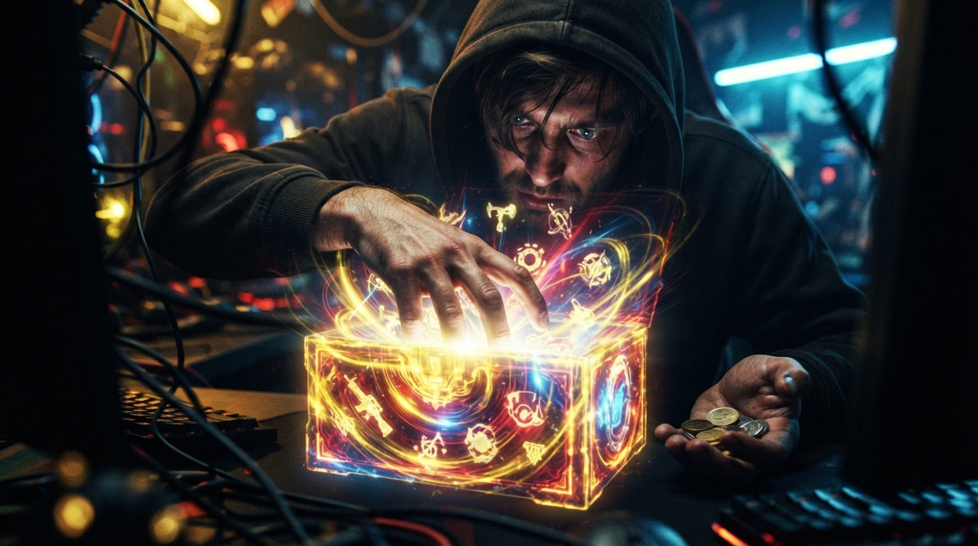 The Art of the Scam: Unmasking Predatory Monetization Practices in Modern Gaming A tight, cinematic close-up of an anonymous player hunched toward a glowing digital loot box, their tense hand reaching fo...