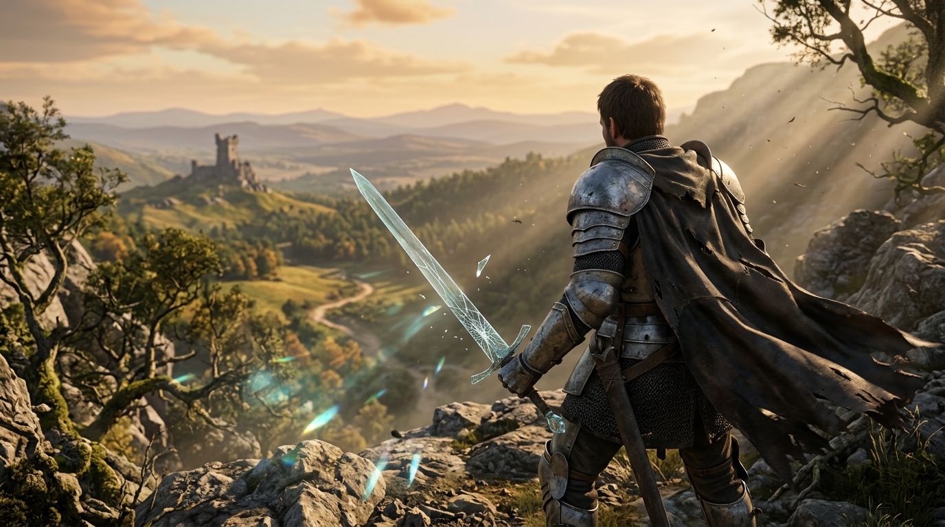 Armored adventurer in a dark cloak grips a cracked translucent glass sword, sunlight scattering through its fracture lines...
