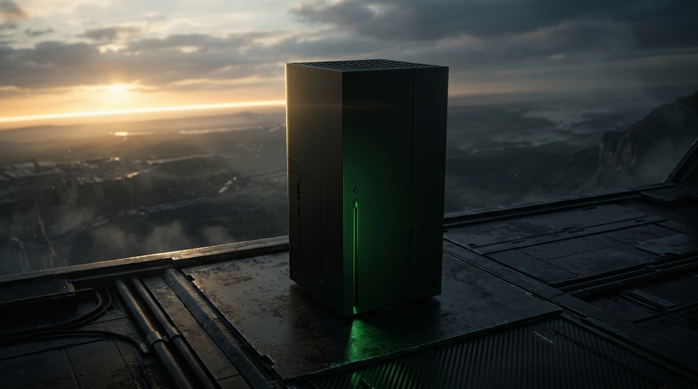 Unrevealed Xbox console, a matte-black tower with a green light seam, stands before a glowing horizon and distant sunrise.