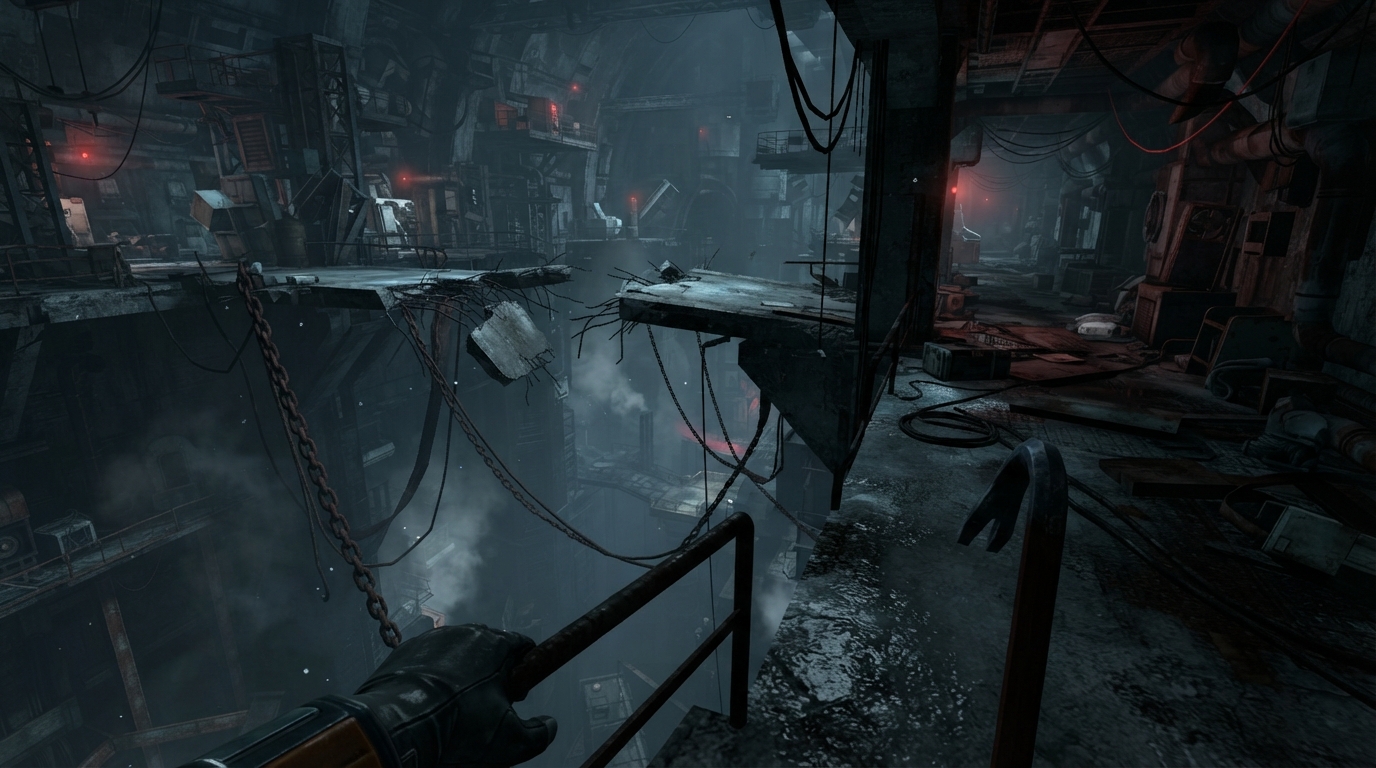 A lone player stands in a dark industrial passage, facing a chasm and chain-pulled broken walkway.