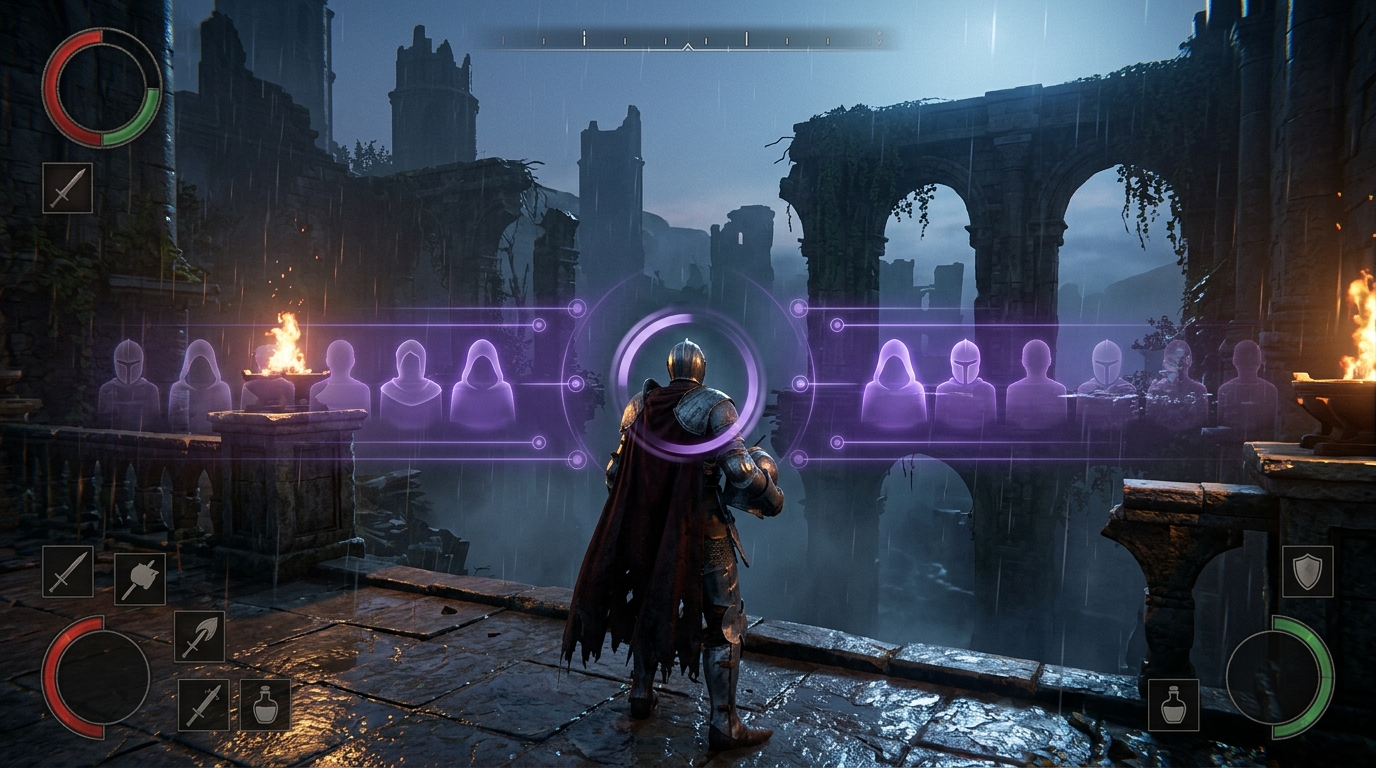 Lone armored knight with a red cape stands on a rain-slicked bridge at dusk, torch-lit, with translucent purple multiplaye...