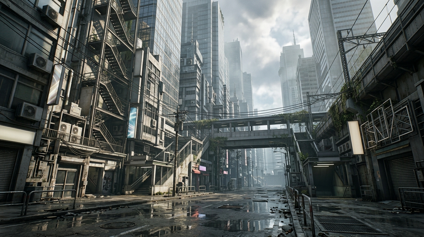 Quadratum’s Unreal Engine 5 city street features glass towers, intricate façades, and reflective pavement.